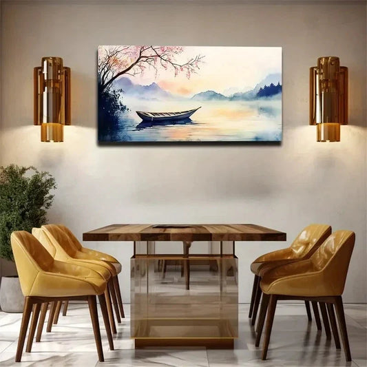 Boats Moored On The Lake Wall Art Canvas Office Home Room Framed 120x60cm