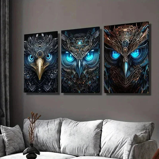 3pcs Abstract Retro Owl Mechanical Wildlife Wall Art Set Canvas Framed 40x60cm - High Quality Print 100% Australian Made Wall Canvas Ready to Hang
