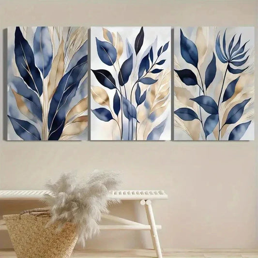 3pcs Watercolor Style Golden And Blue Leaves Metal Print Ready to Hang Art
