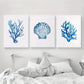 3pcs Blue Shell Navy Algae Starfish Coastal Metal Print Ready to Hang Art