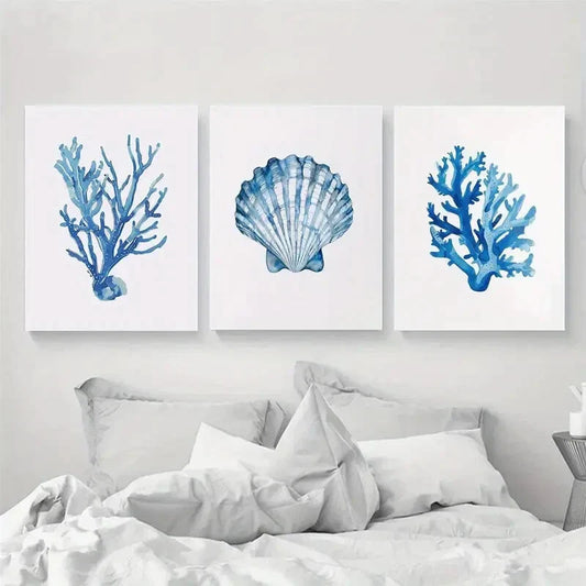3pcs Blue Shell Navy Algae Starfish Coastal Metal Print Ready to Hang Art