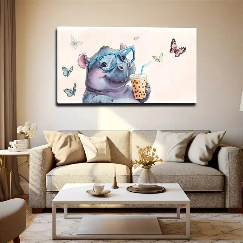 A Small Hippo Holding Milk Tea Wall Art Canvas Office Home Room Framed 120x60cm