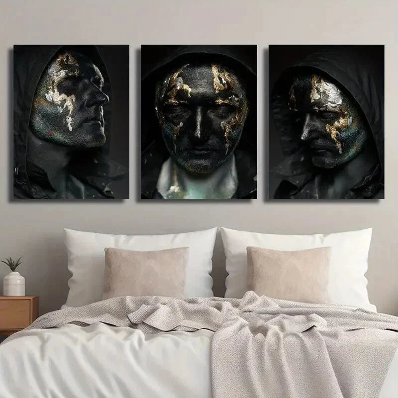 3pcs Black And Golden Character Face Metal Print Ready to Hang Art