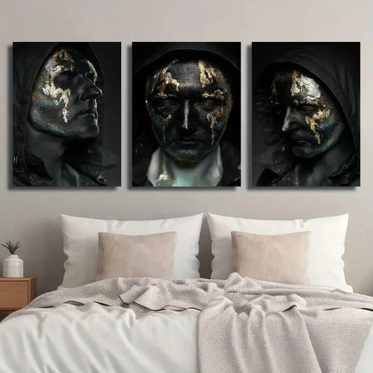 3pcs Black And Golden Character Face Metal Print Ready to Hang Art