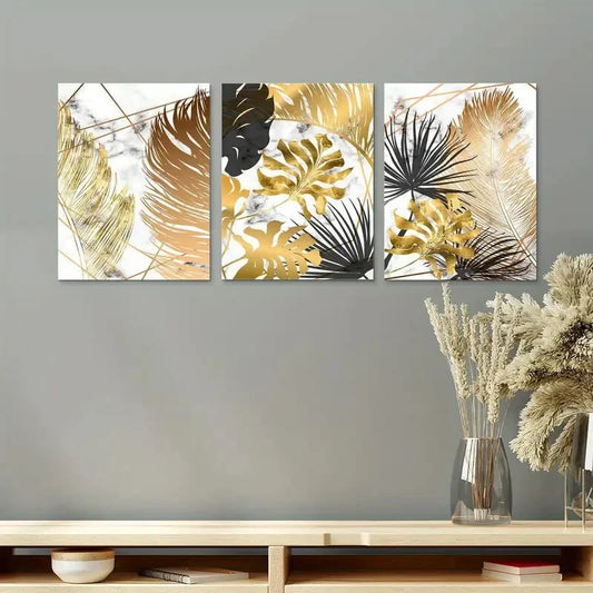 3pcs Tropical Leaves Golden Plants Art Design Metal Print Ready to Hang Art