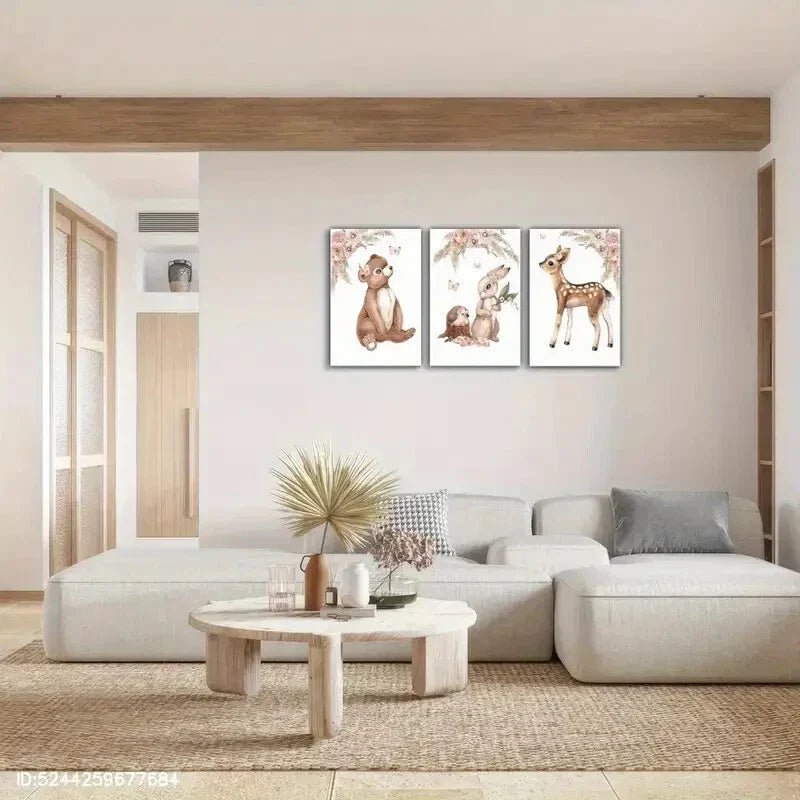3pcs Bear Rabbit Deer, Butterfly Floral Art Metal Print Ready to Hang Art