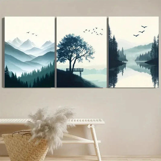 3pcs Cloudy Mountains with Pine Tree Silhouettes Metal Print Ready to Hang Art