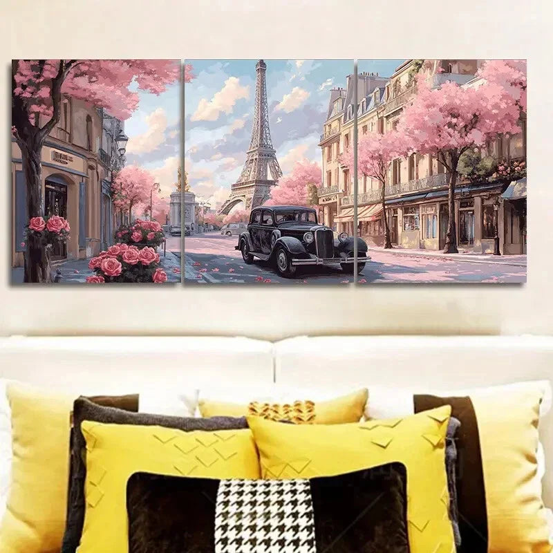 3pcs A pink car on the streets of Paris Metal Print Ready to Hang Art