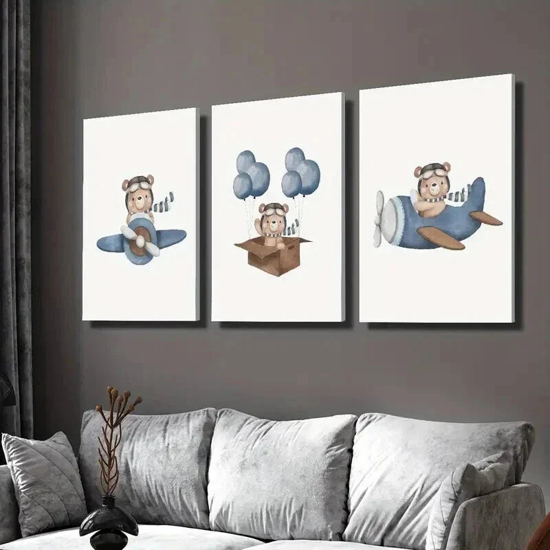 3pcs Bear Flying a Plane in the Sky Wall Art Set Canvas Framed 40x60cm - High Quality Print 100% Australian Made Wall Canvas Ready to Hang