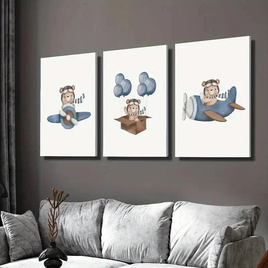3pcs Bear Flying a Plane in the Sky Wall Art Set Canvas Framed 40x60cm - High Quality Print 100% Australian Made Wall Canvas Ready to Hang