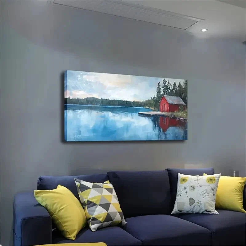 Realistic Red House Lake Land Wall Art Canvas Office Home Room Framed 80x45cm
