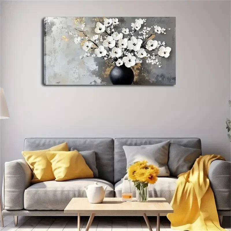 Black Vase with White Flowers Wall Art Canvas Office Home Room Framed 120x60cm