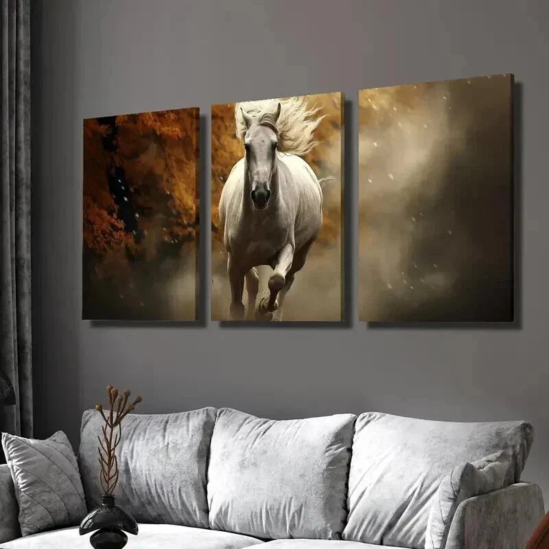 3pcs White Horse Galloping in Autumn Forest Wall Art Set Canvas Framed 40x60cm - High Quality Print 100% Australian Made Wall Canvas Ready to Hang
