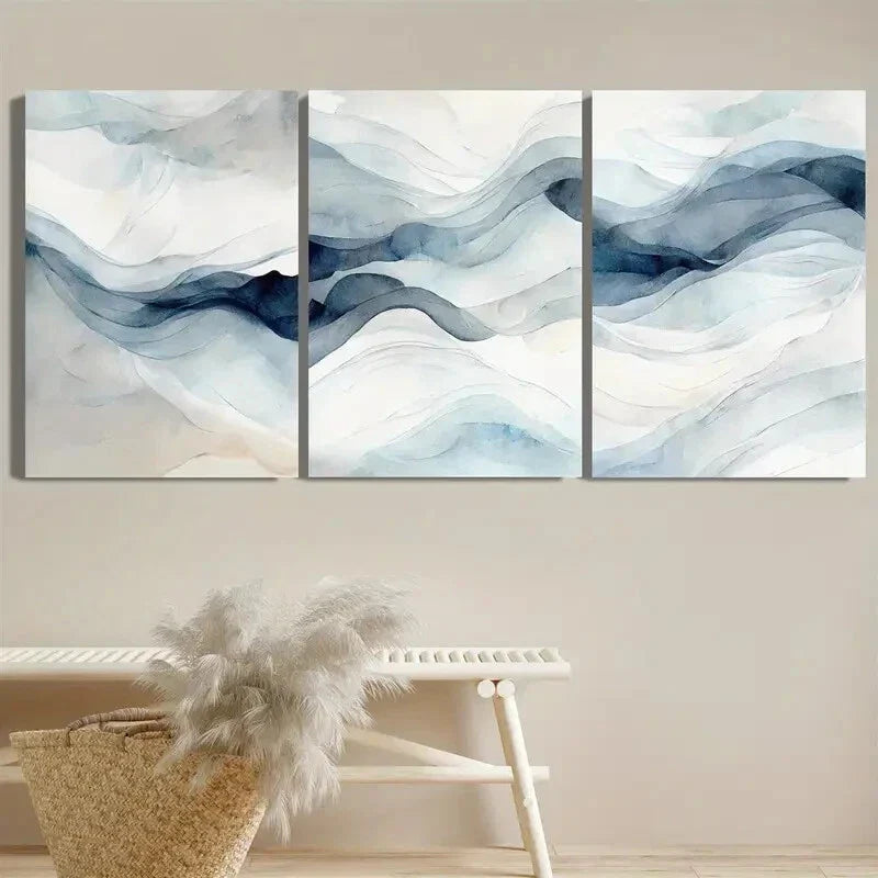 3pcs Navy Blue Waves White Gray Beige Metal Print Ready to Hang Art