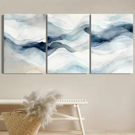 3pcs Navy Blue Waves White Gray Beige Metal Print Ready to Hang Art