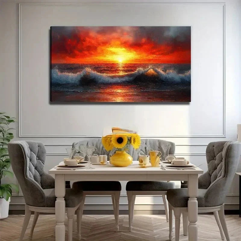 Vibrant Red Sunset With Waves Wall Art Canvas Office Home Room Framed 120x60cm