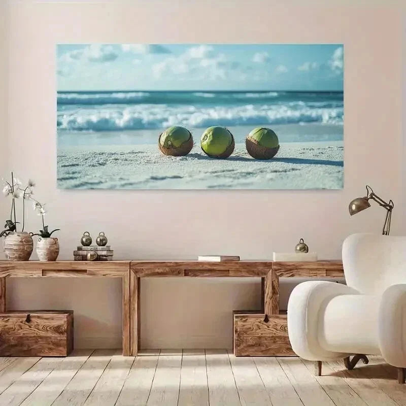 Coconuts on Sandy Beach wall canvas office home room framed 80x45cm