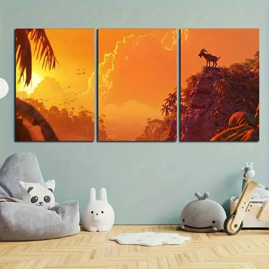3pcs Goat Silhouette Sunset Coconut Tree Metal Print Ready to Hang Art