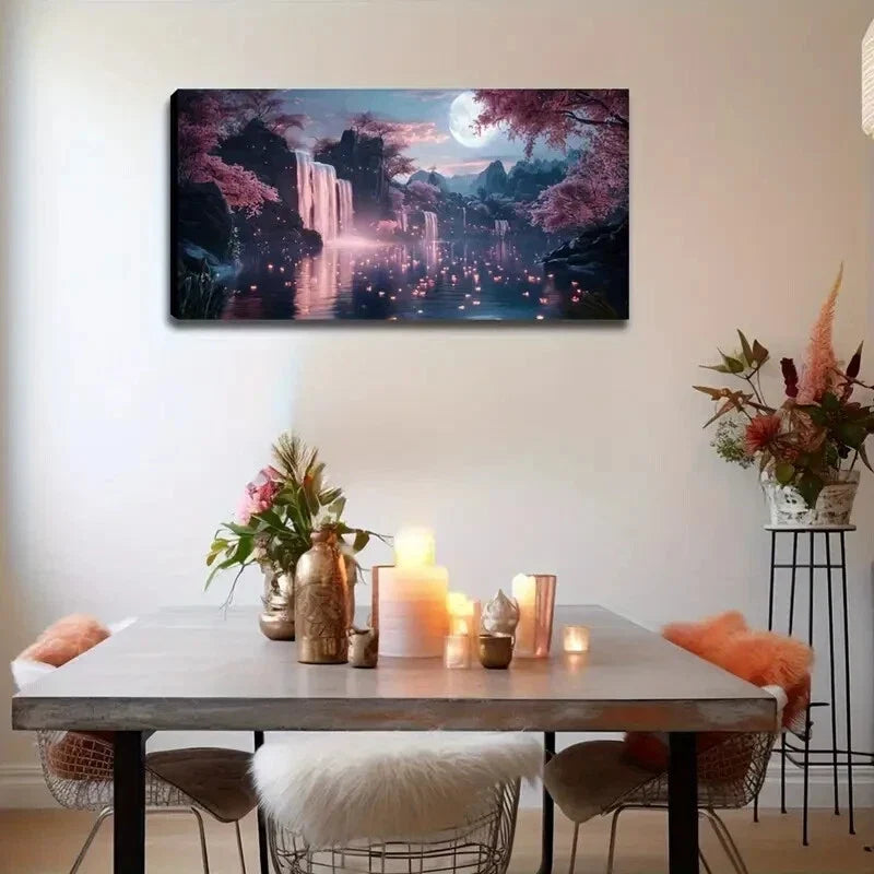Waterfall & Moonlit Night Scene Wall Art Canvas Office Home Room Framed 120x60cm