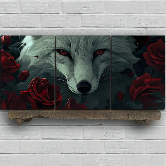 3pcs White Fox Roses Stunning Red Eyes Metal Print Ready to Hang Art