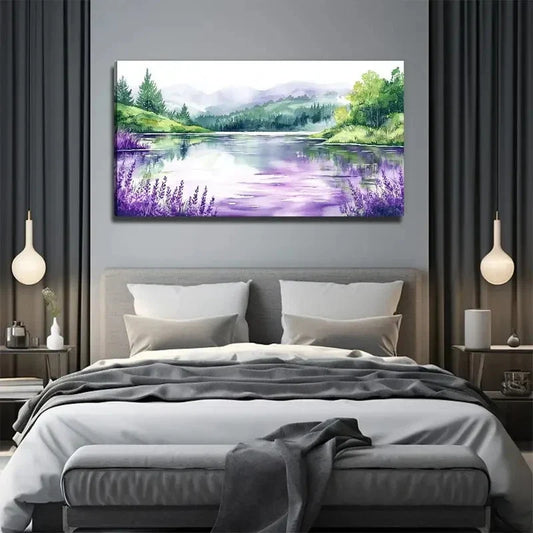 Purple Flower Lake View Wall Art Canvas Office Home Room Framed 120x60cm.