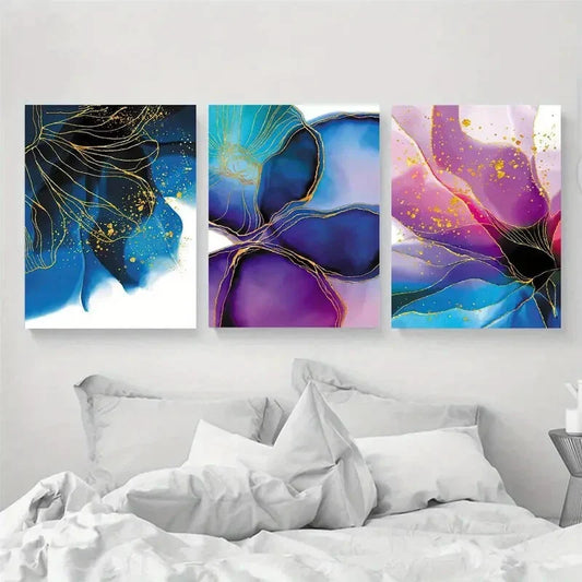 3pcs Purple and Blue Abstract Floral Design Metal Print Ready to Hang Art