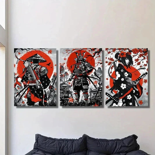 3pcs Samurai Ink Painting Japanese Metal Print Ready to Hang Art