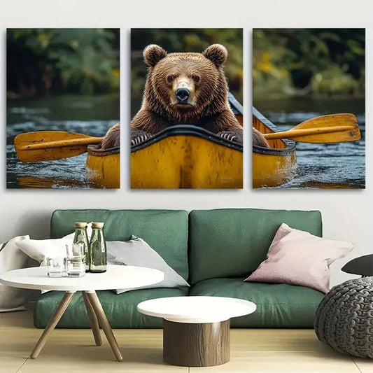 3pcs Giant Brown Bear in Canoe Metal Print Ready to Hang Art