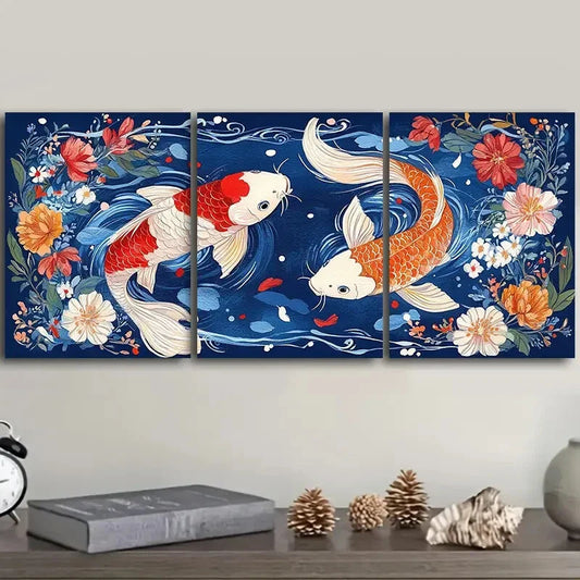 3pcs Red and White Koi Fish with Vibrant Metal Print Ready to Hang Art