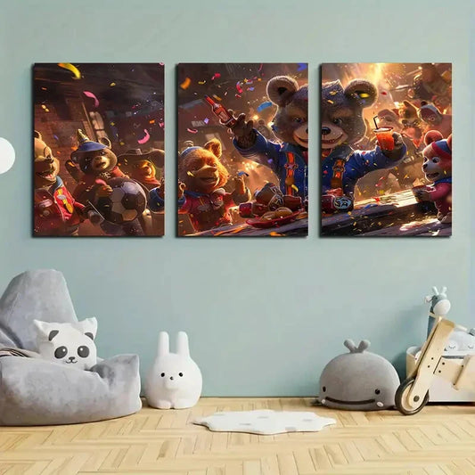 3pcs Party Animals Soccer Balls Metal Print Ready to Hang Art