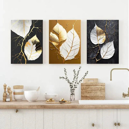 3pcs Golden Leaf Abstract Design Metal Print Ready to Hang Art