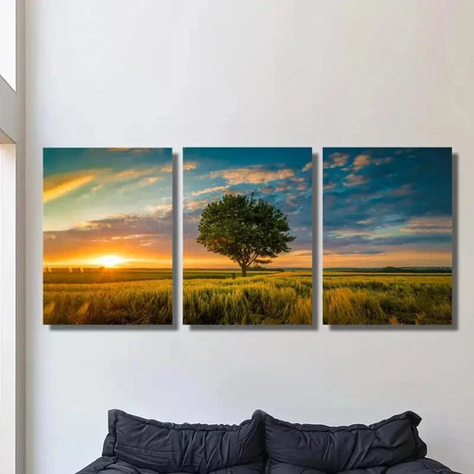3pcs Small trees in the field, sunset Metal Print Ready to Hang Art