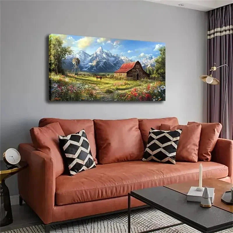 Rustic Red-Rooftop Barn Horse Wall Art Canvas Office Home Room Framed 120x60cm