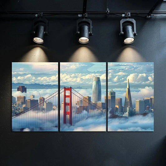3pcs Blue Sky White Clouds Big Buildings Metal Print Ready to Hang Art