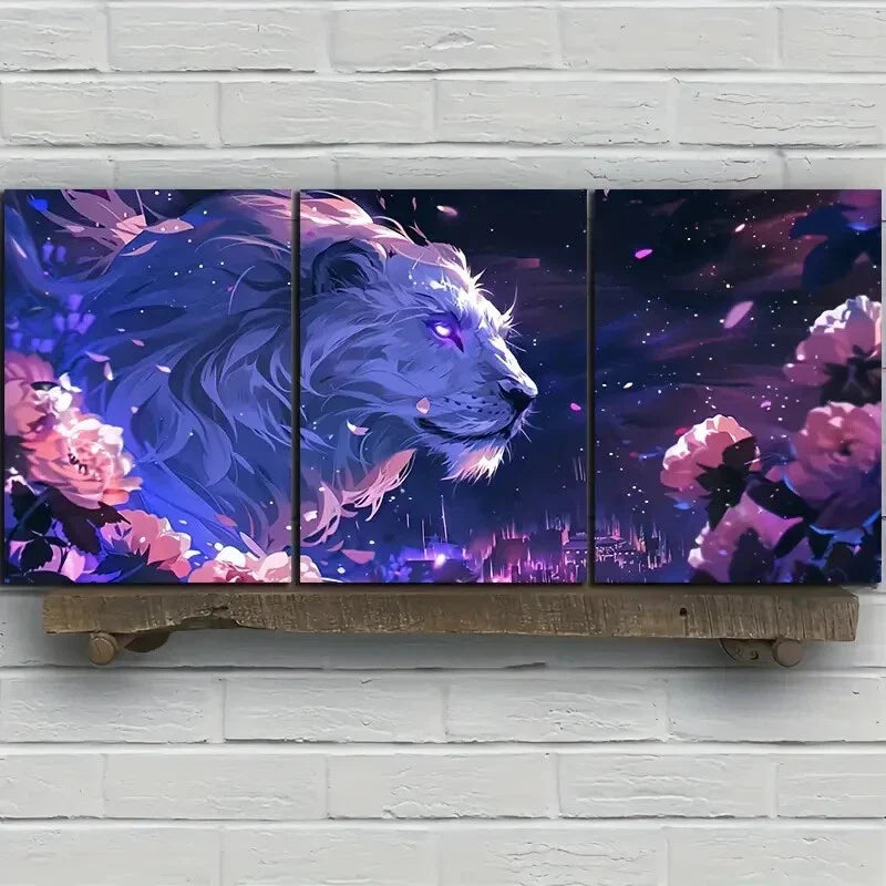 3pcs White Lion Glowing Eyes Fantasy Animal Metal Print Ready to Hang Art