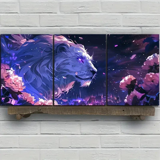 3pcs White Lion Glowing Eyes Fantasy Animal Metal Print Ready to Hang Art