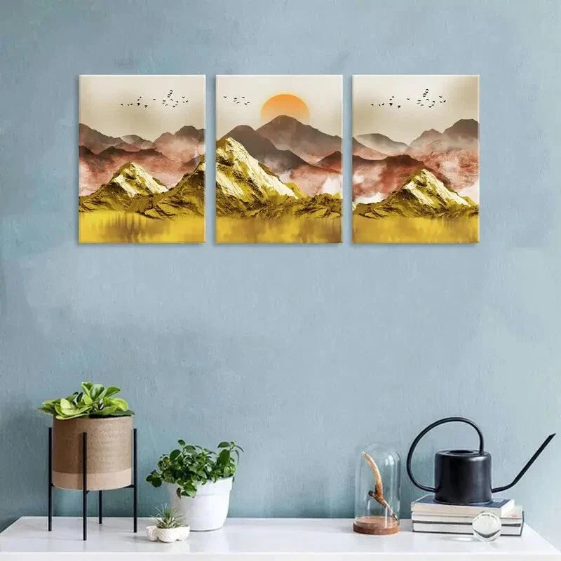 3pcs Golden Sunset Landscape with Birds Metal Print Ready to Hang Art