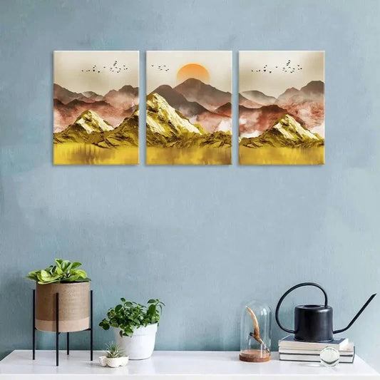 3pcs Golden Sunset Landscape with Birds Metal Print Ready to Hang Art