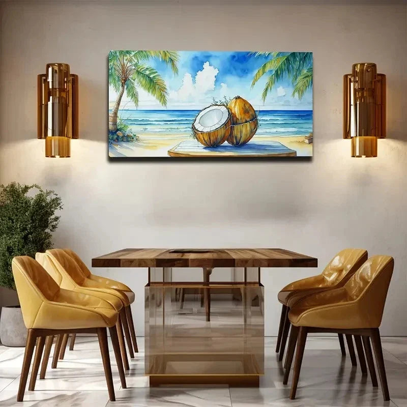 Tropical Beach Coconut Wall Art Canvas Office Home Room Framed 80x45cm