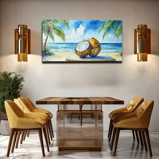 Tropical Beach Coconut Wall Art Canvas Office Home Room Framed 80x45cm