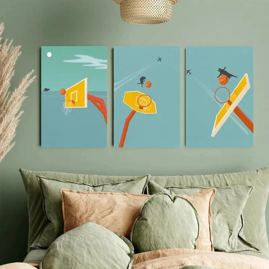 3pcs Cute Cat Catching Basketball Cartoon-Style Metal Print Ready to Hang Art
