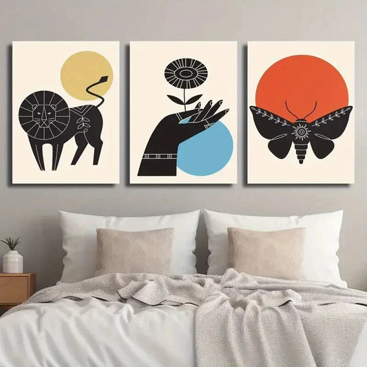 3pcs Geometric Lion, Butterfly & Floral Designs Metal Print Ready to Hang Art