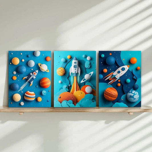 3pcs Soaring Rocket Design Modern Metal Print Ready to Hang Art
