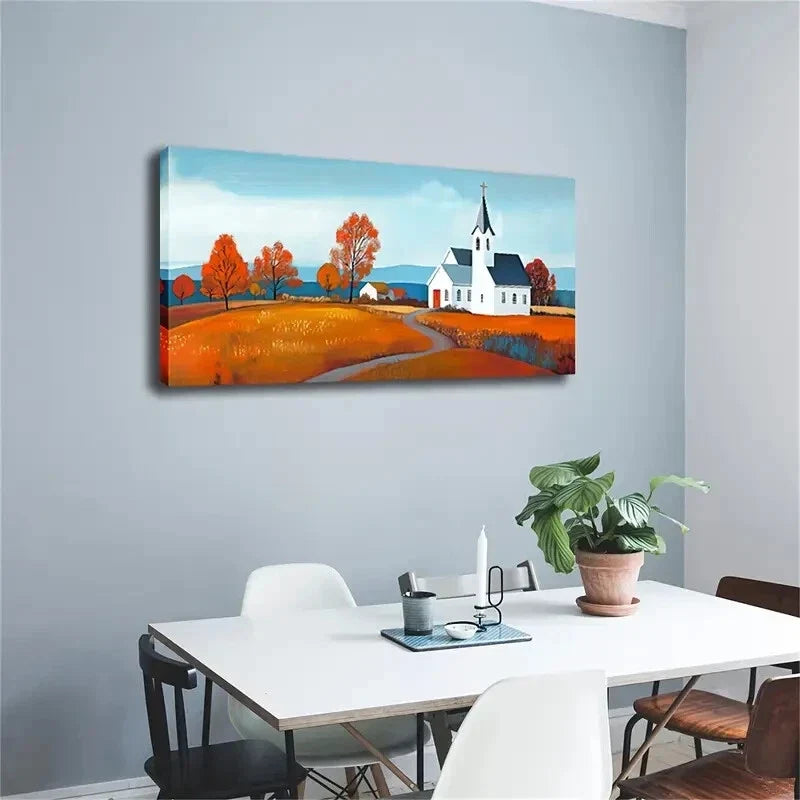 Serene Countryside Church Wall Art Canvas Office Home Room Framed 120x60cm