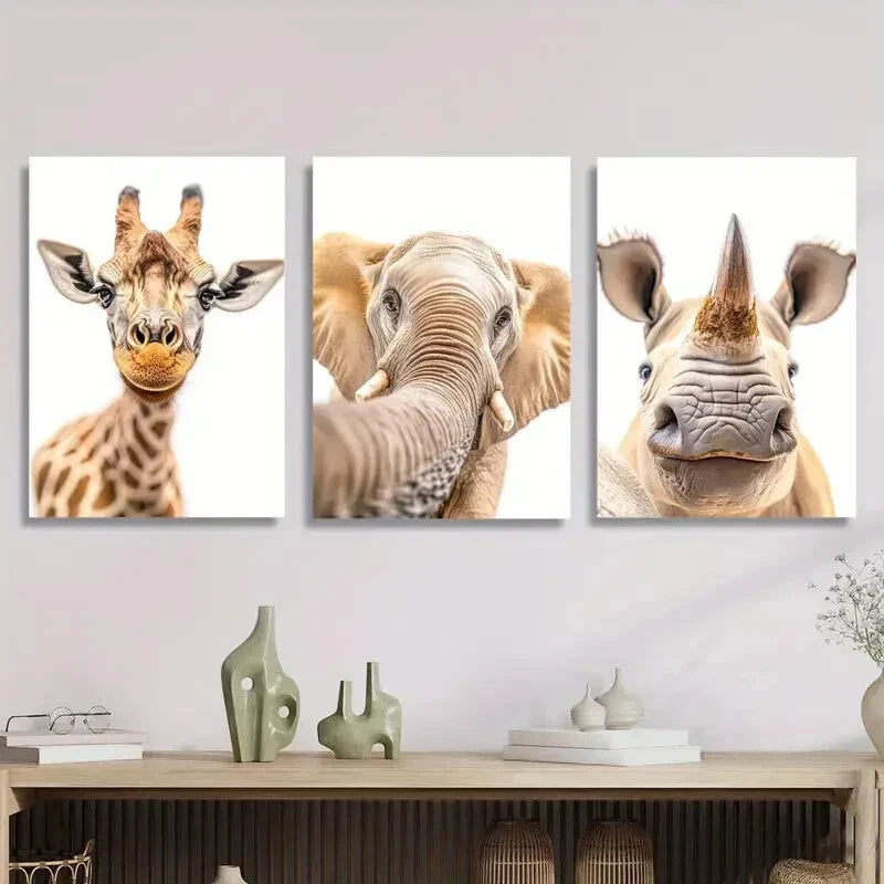 3pcs Curious animals close up on white background Metal Print Ready to Hang Art