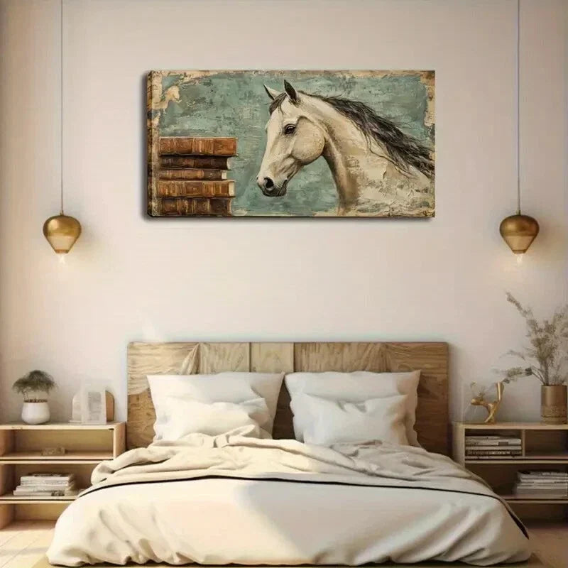 Elegant Horse with Books Teal Wall Art Canvas Office Home Room Framed 80x45cm