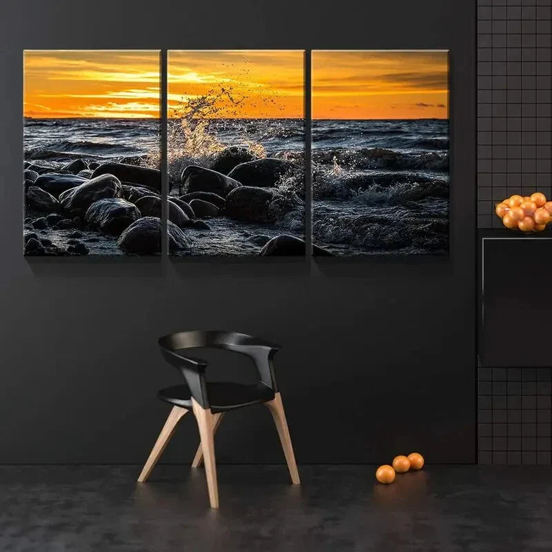 3pcs  Sea and Stones in The Sunset Metal Print Ready to Hang Art