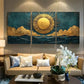 3pcs Golden Sunburst with Teal and Gold Design Metal Print Ready to Hang Art