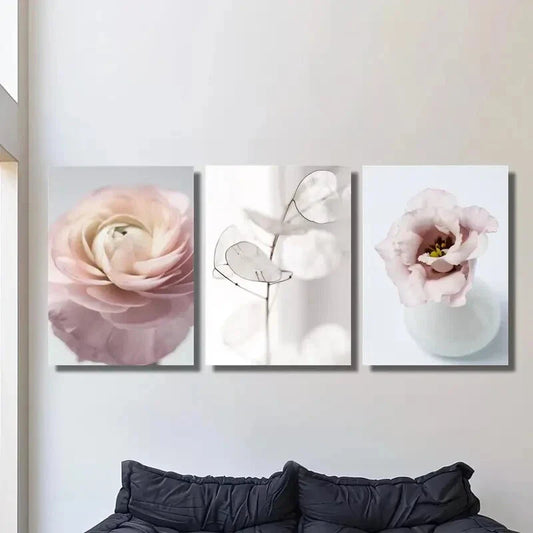 3pcs Pink Tudan Roses And White Silver Fan Leaf Metal Print Ready to Hang Art