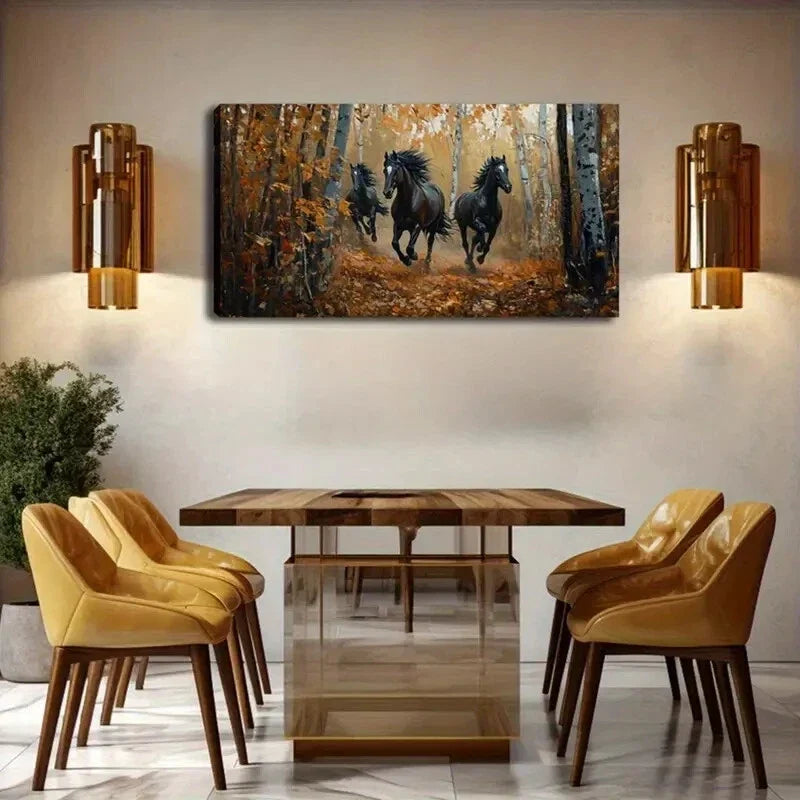 Black Horses Running in Autumn Wall Art Canvas Office Home Room Framed 120x60cm